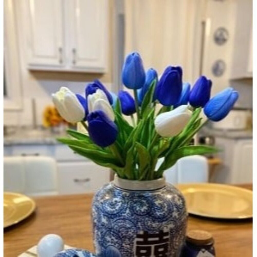 New 20pcs Shades of Blue Fake Flowers Artificial Tulip Silk Flowers 13.5"
